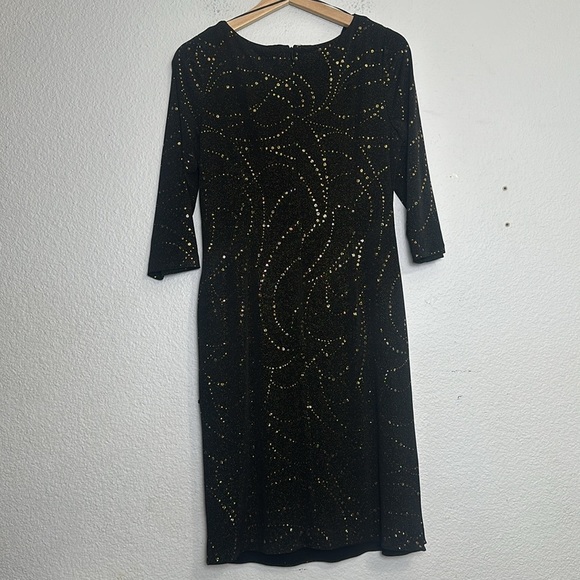 Alex Evenings Women’s Size 8 Black Gold 3/4 Sleeve Midi Knee Length Dress - Picture 2 of 13
